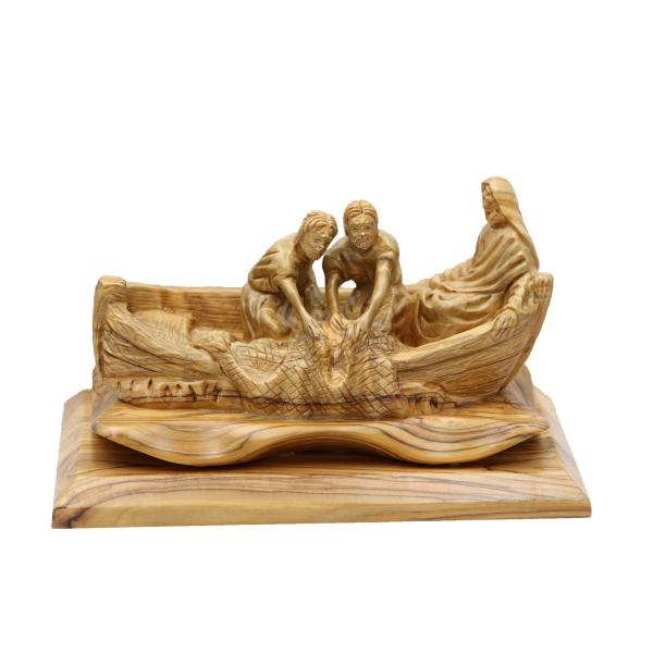 Olive Wood Fishermen in Boat with Net