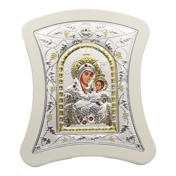 Silver-Plated Madonna and Child Icon on White Frame