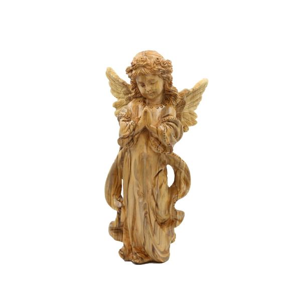 Olive Wood Praying Angel with Flower Crown