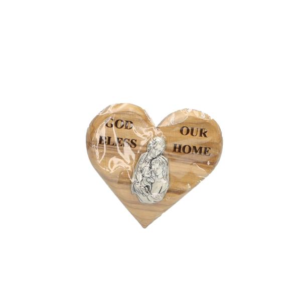 Olive Wood Heart Plaque with Holy Family Medal