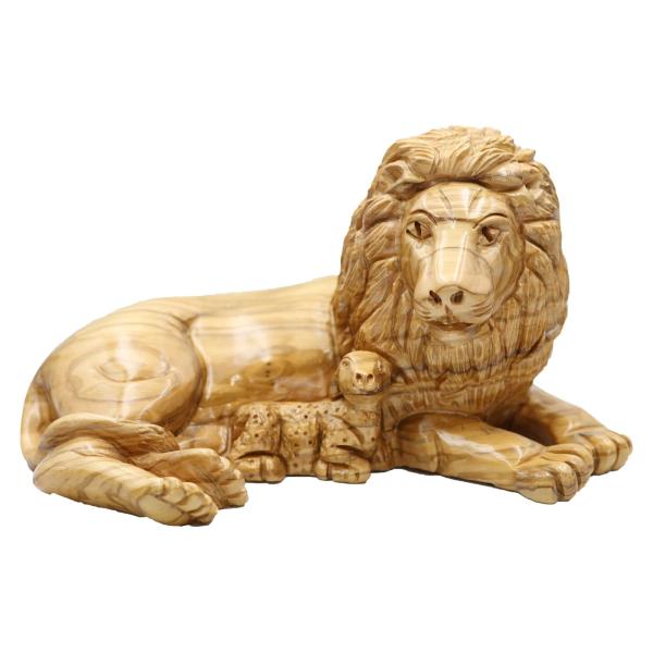 Large Olive Wood Reclining Lion with Lamb