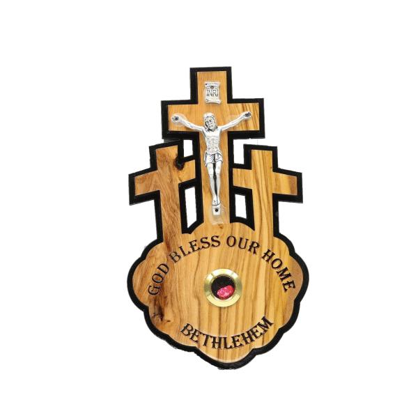Olive Wood God Bless Our Home Crucifix Plaque