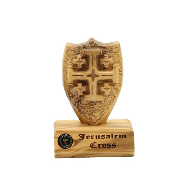Olive Wood Jerusalem Cross Shield Plaque on Base