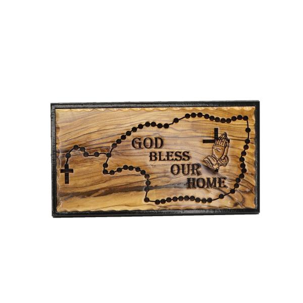 Olive Wood Rosary and Praying Hands Home Blessing Plaque