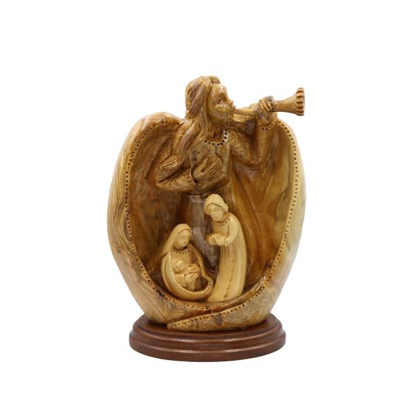 Olive Wood Hollow-Carved Nativity with Angel