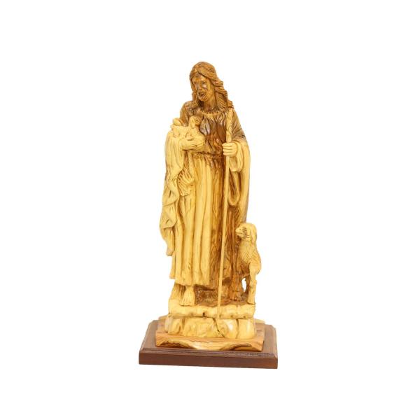 Olive Wood Good Shepherd Statue with Lamb and Staff