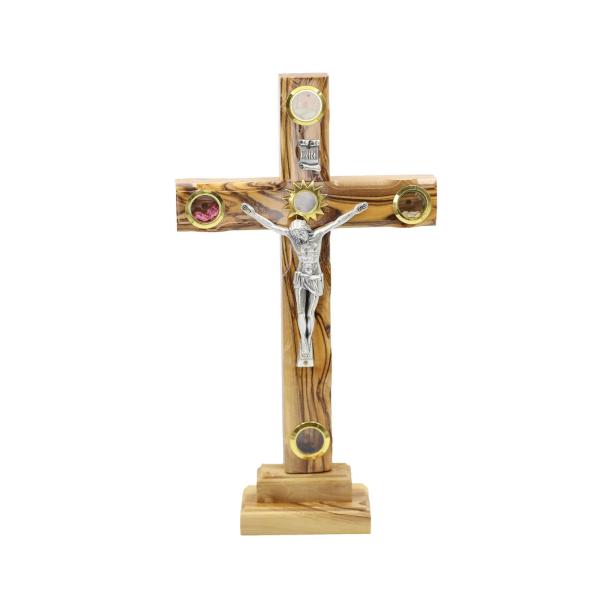 Large Olive Wood Standing Crucifix with Relics