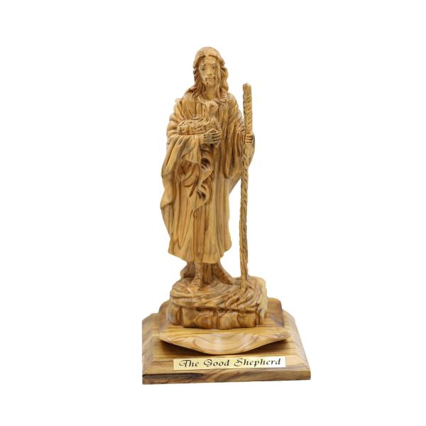 Olive Wood Good Shepherd Statue with Lamb