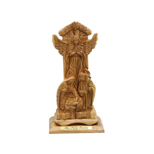 Olive Wood Nativity with Angel Under Stable Roof