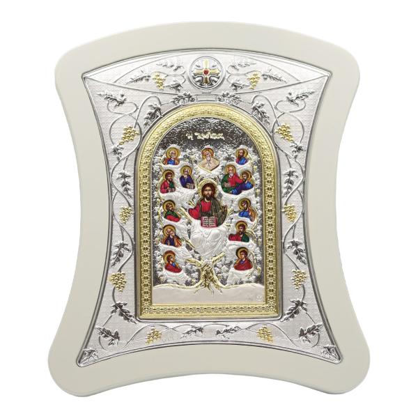 Silver-Plated Christ and Apostles Icon on White Frame